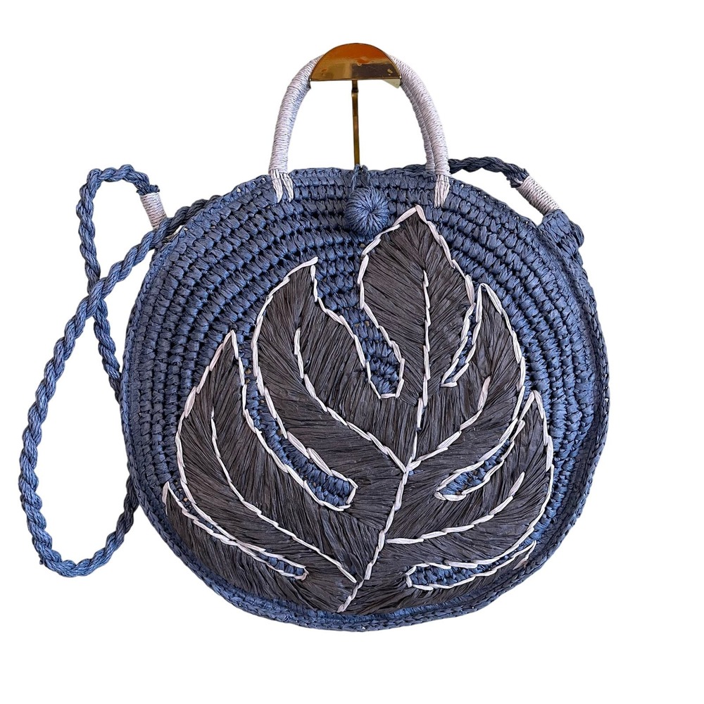 Tommy Bahamas Women's Pirro Circle Straw Weaved Tote Basket Blue & White Bag